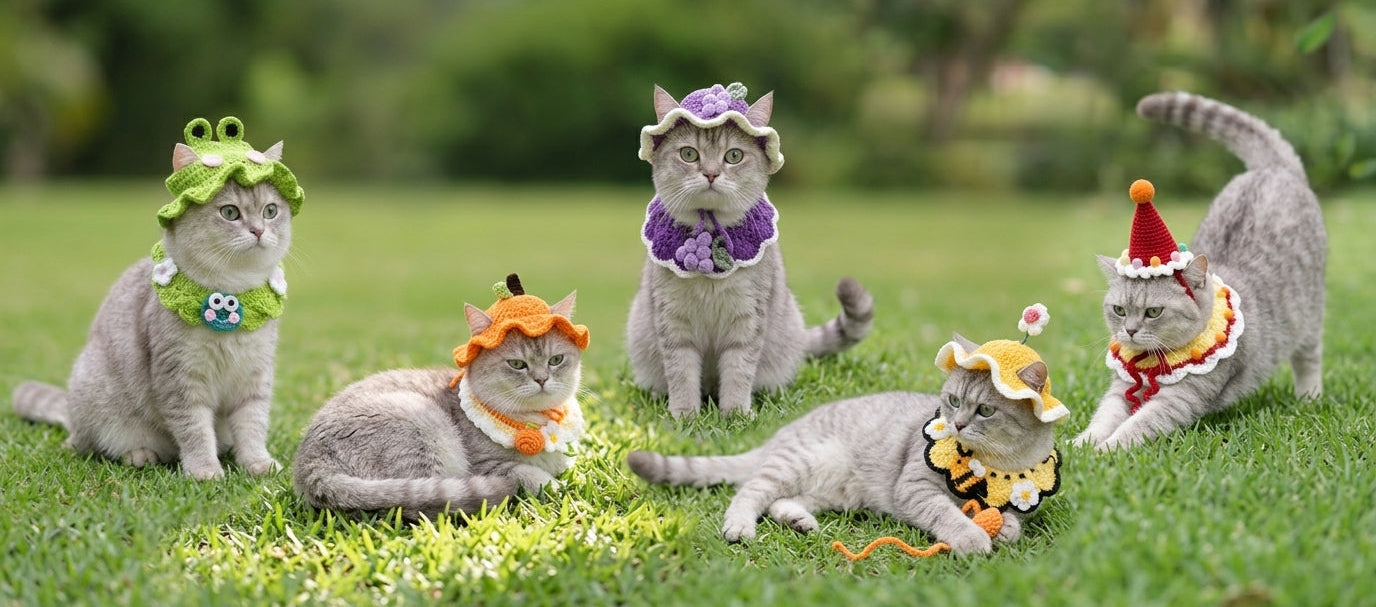 Banner con tutte le varianti del Cappellino all'Uncinetto per Gatti in pose naturali