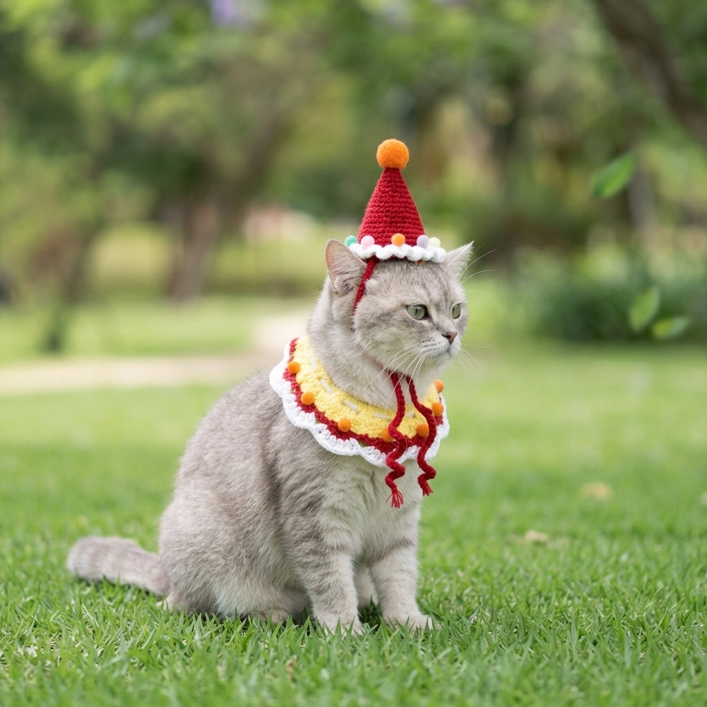 Gatto con cappellino all'uncinetto Buon Compleanno