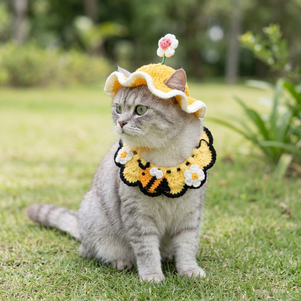 Gatto con cappellino all'uncinetto Fiori di Primavera