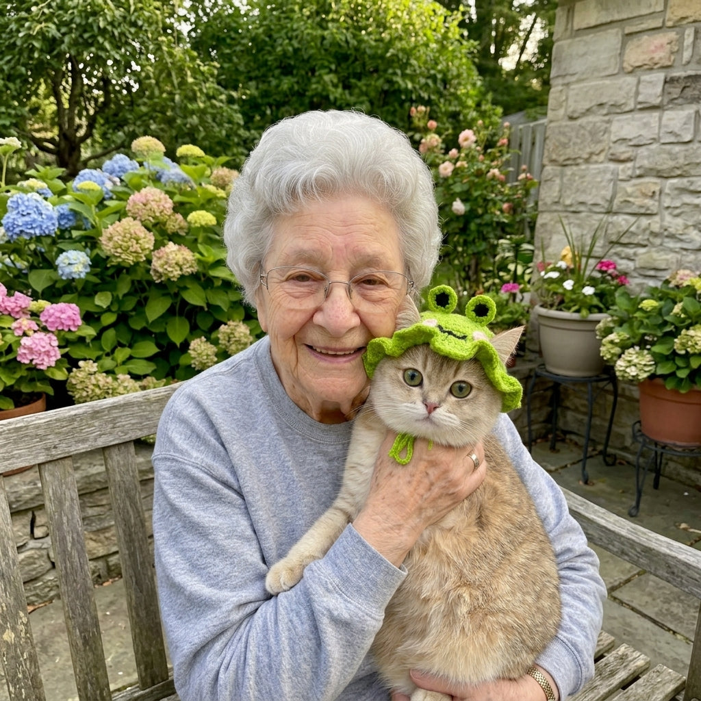 Nonna Rosa con il suo gatto e il cappellino Ranocchietto all'uncinetto